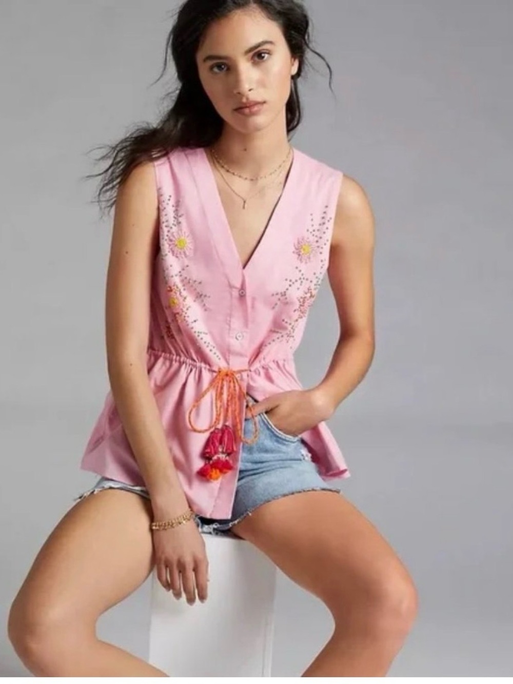 Anthropologie Roopa Pemmaraju Embroidered V-Neck Beaded Blouse